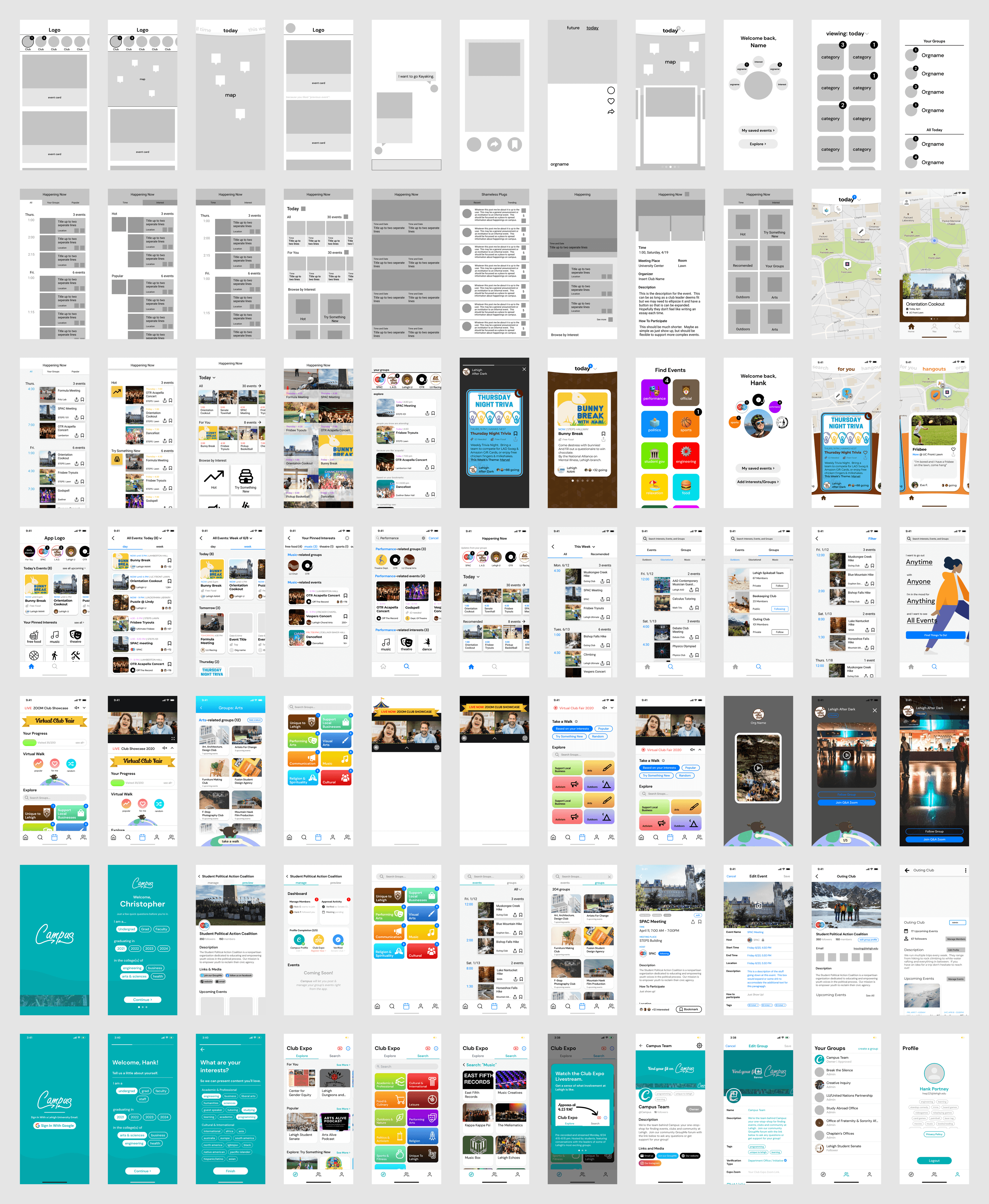 Top to bottom: the evolution of Campus's prototypes from blocky wireframes to polished final designs.