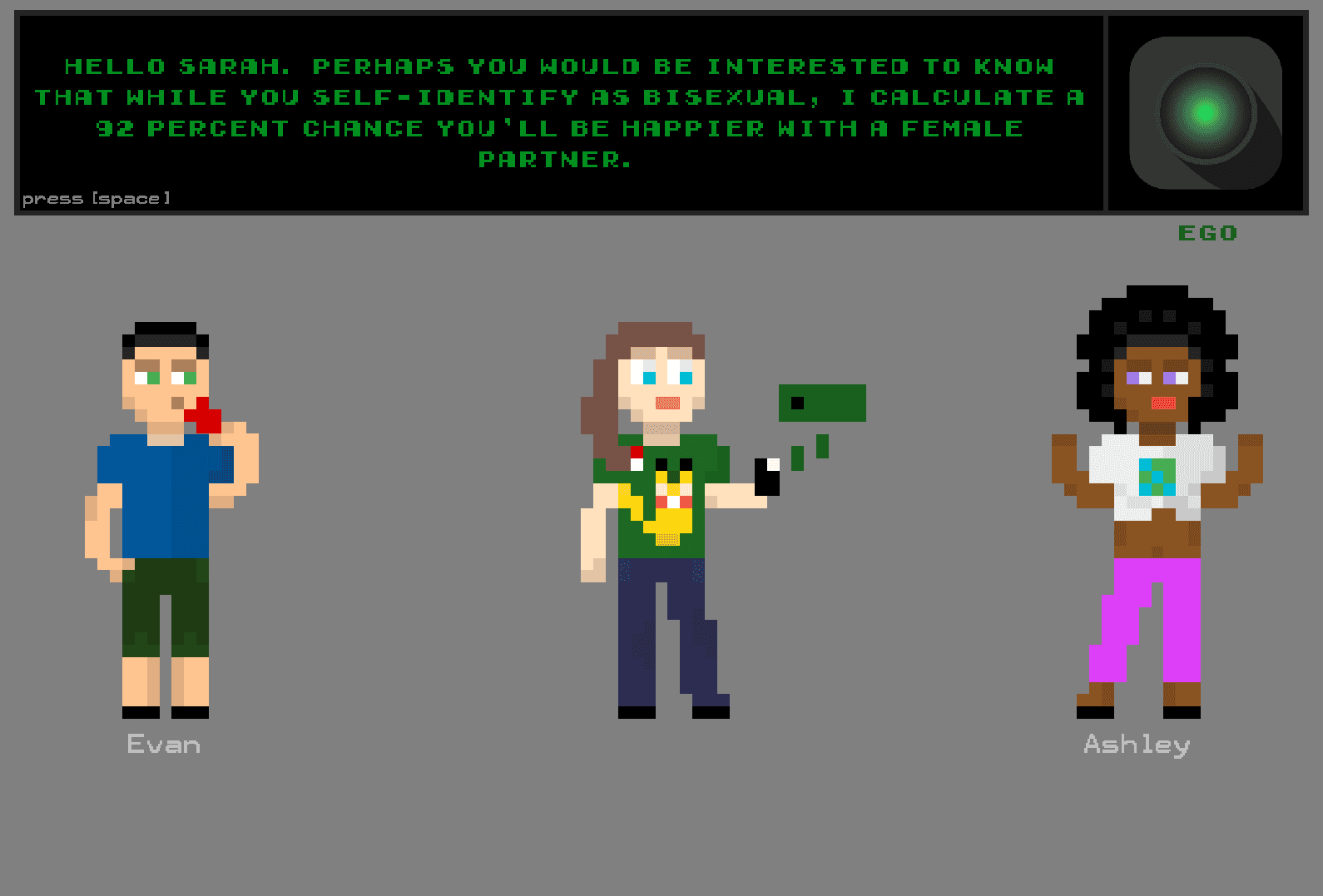 In Choices 2050, the player must confront the discomfort of having their phone tell them who to date.