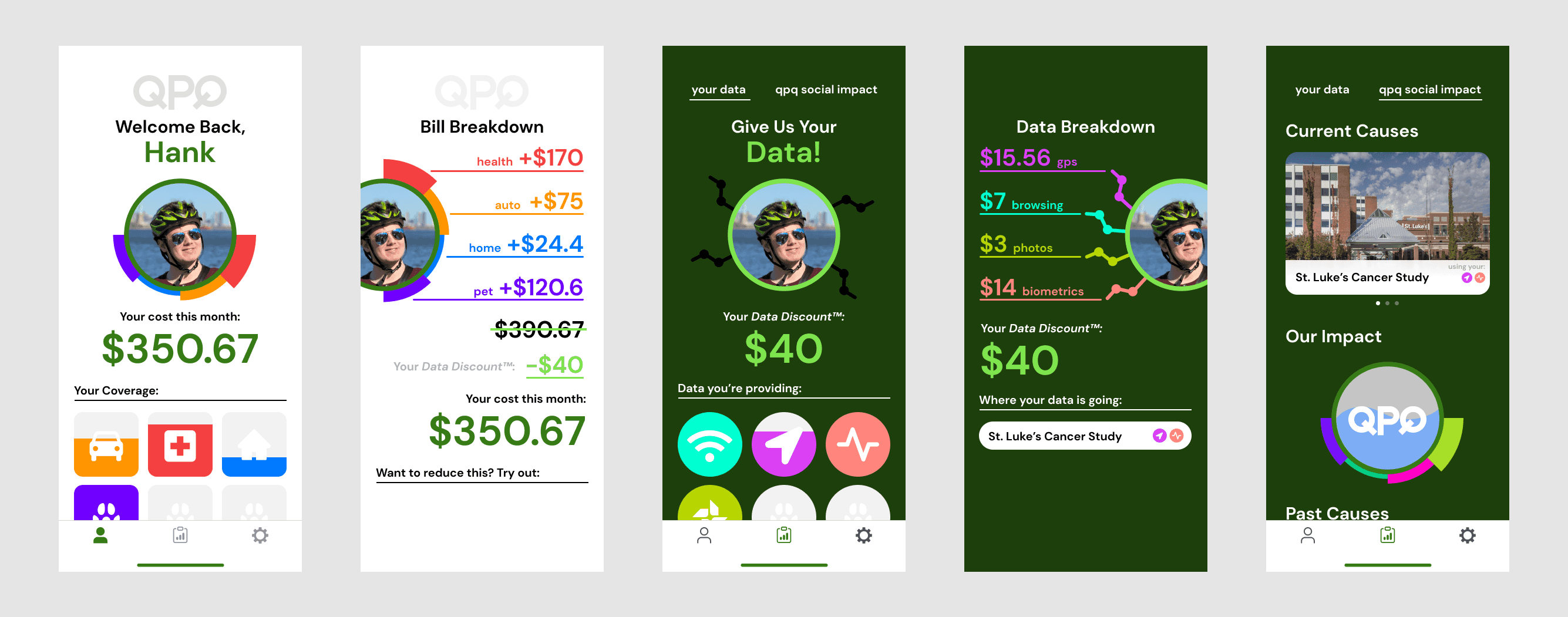 A prototype I made to explore insurance centered around surrendering personal data for dicounts and social impact.