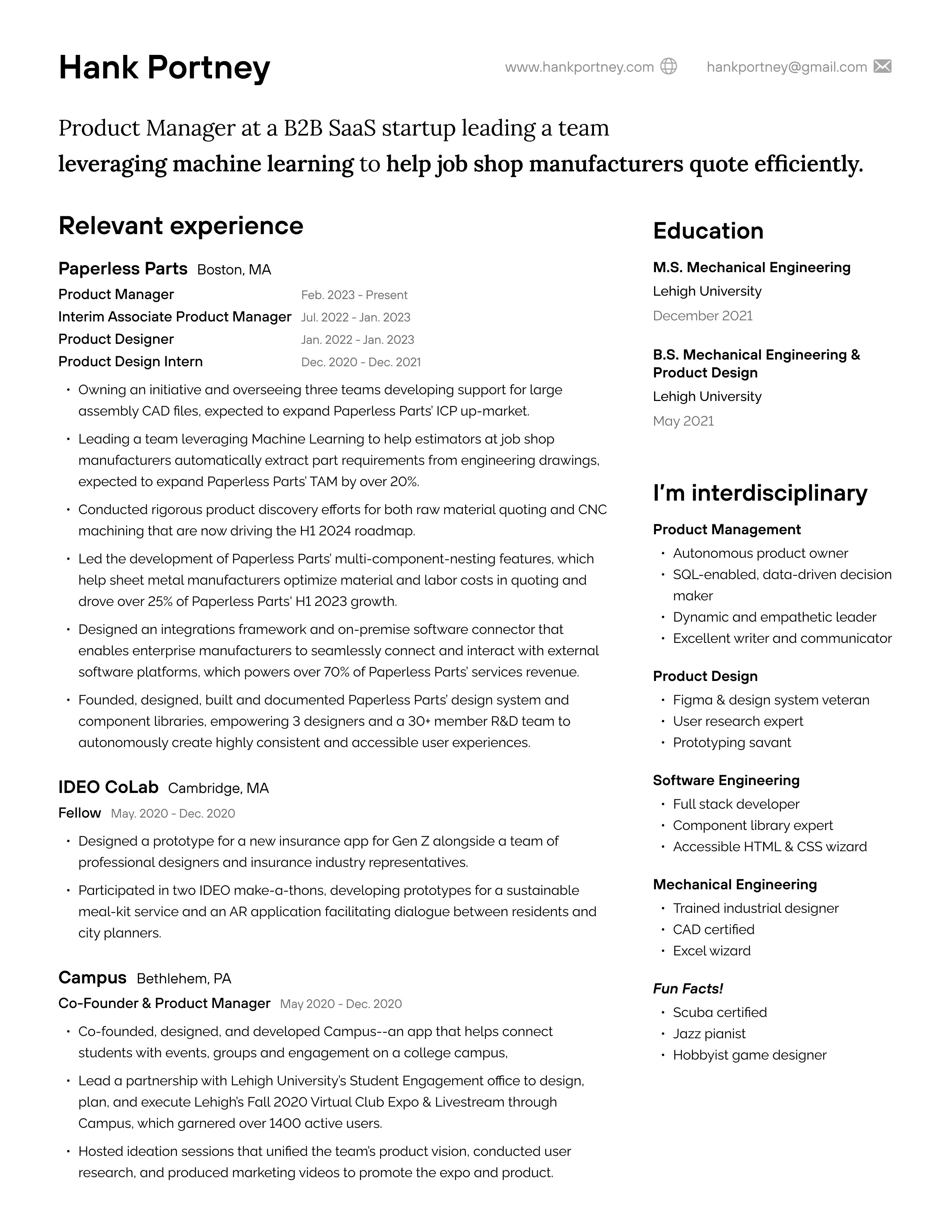 Hank Portney's resume.