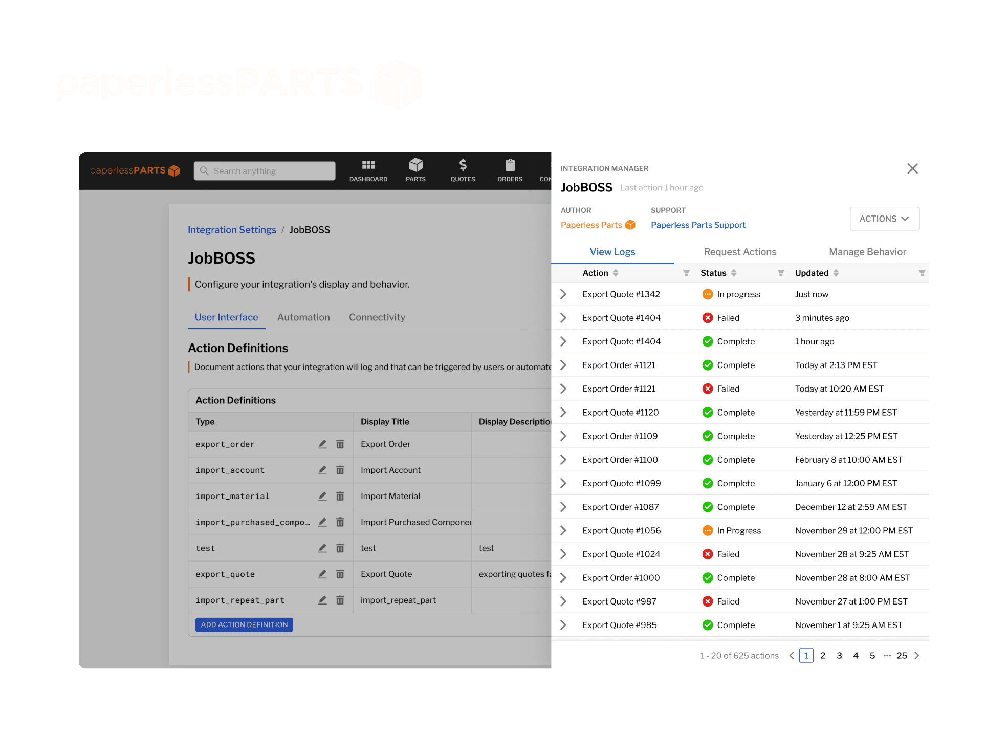 Paperless Parts Integration Actions framework screenshots