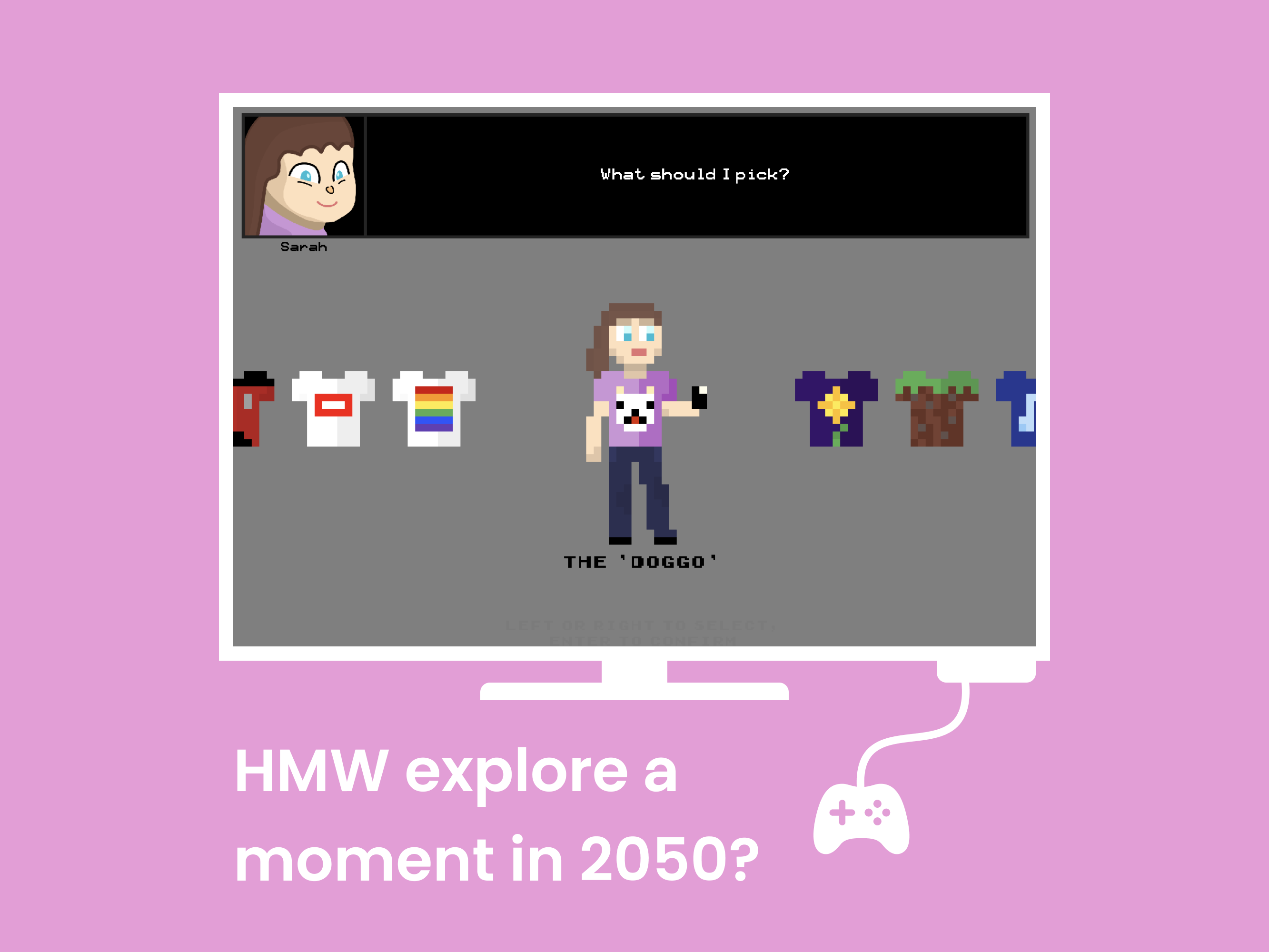 Choices 2050 video game on a 2D rendering of a monitor with text: 'HMW explore a moment in 2050?'