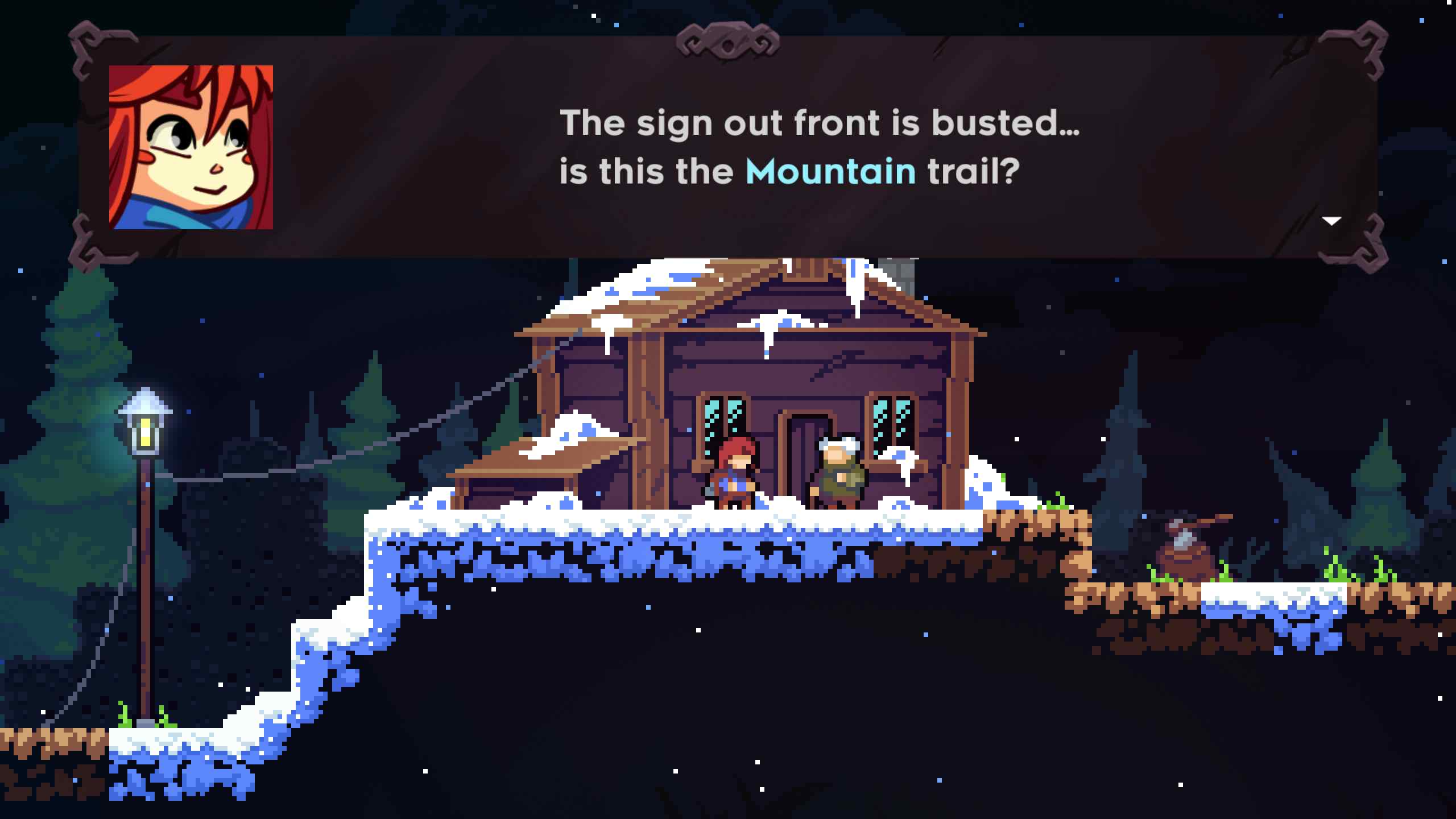 A screenshot from Celeste-- my primary visual inspiration-- a beautiful game about climbing a mountain as a metaphor for overcoming depression and anxiety.