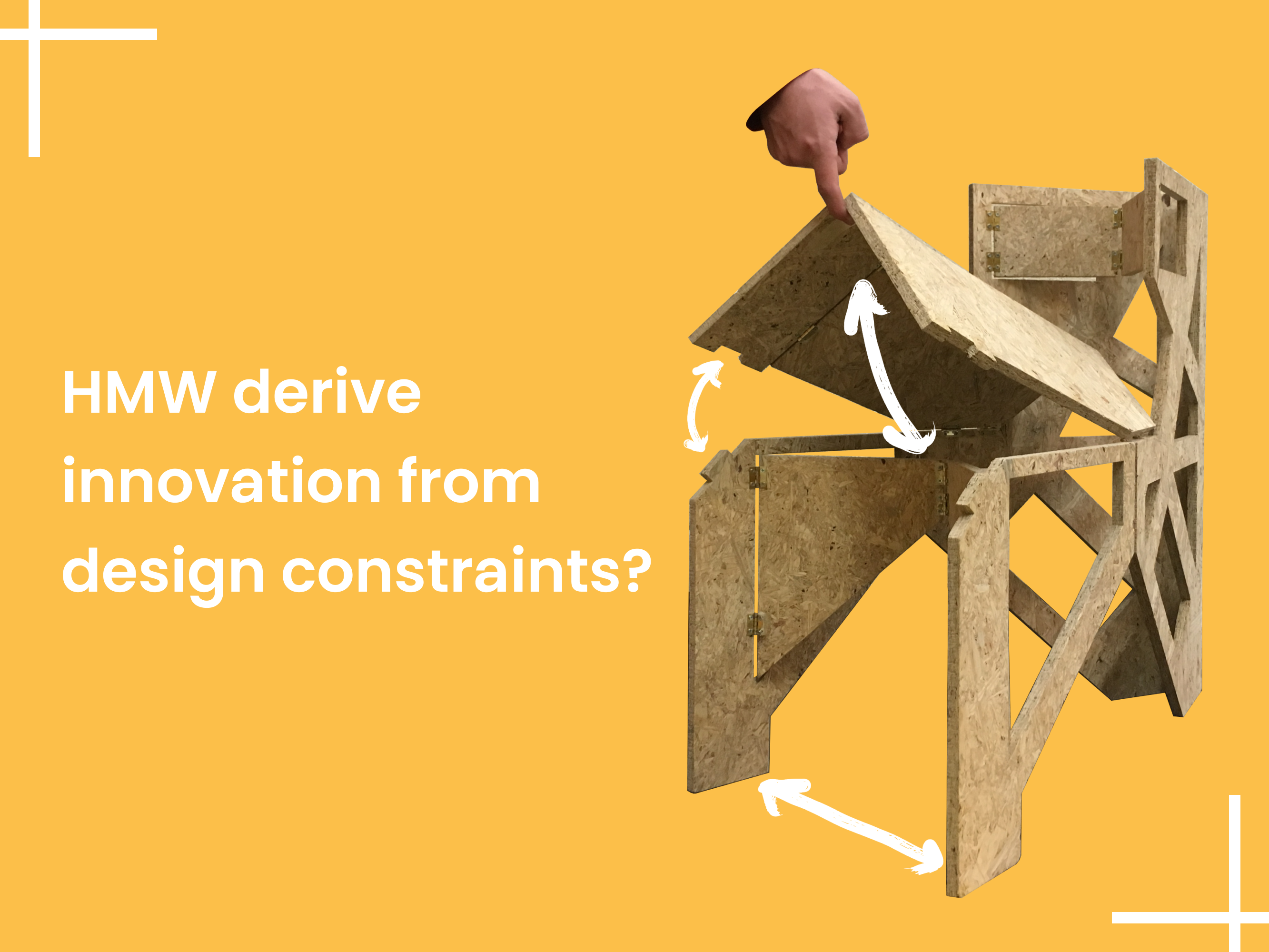 Unique design of foldable chair made of hardboard with text: 'HMW derive innovation from design constraints?'