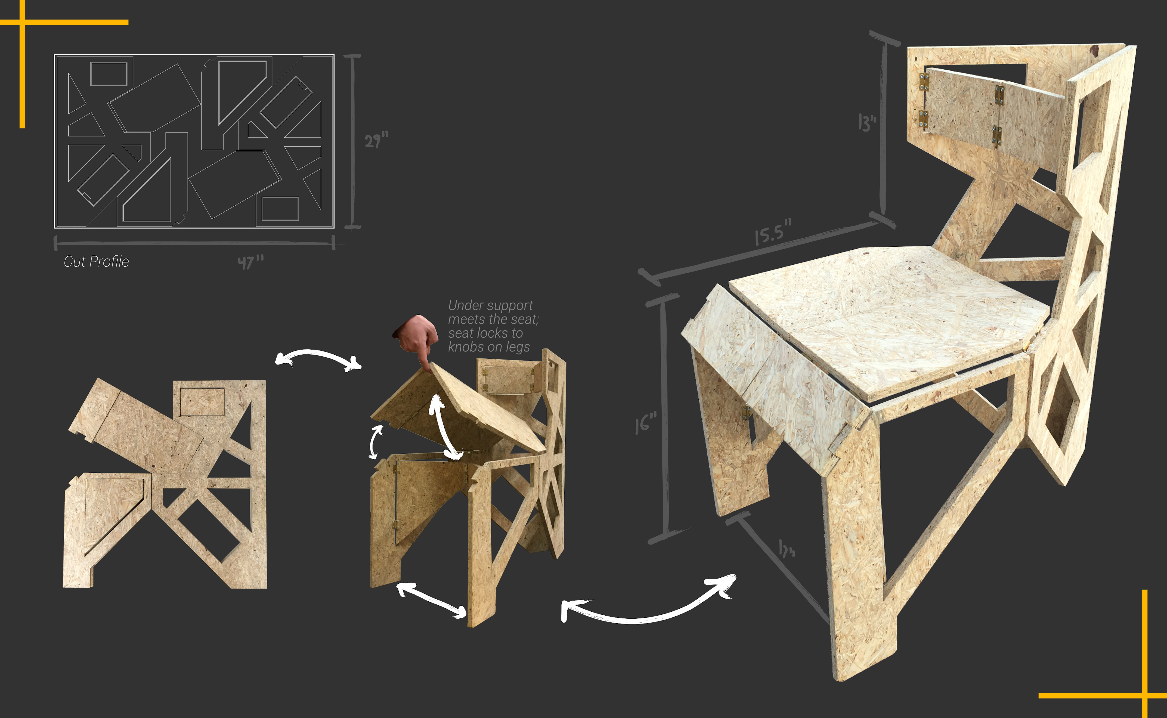 Our final design showing the chair unfolding. Also shown: the water-jet cut pattern that created the chair.