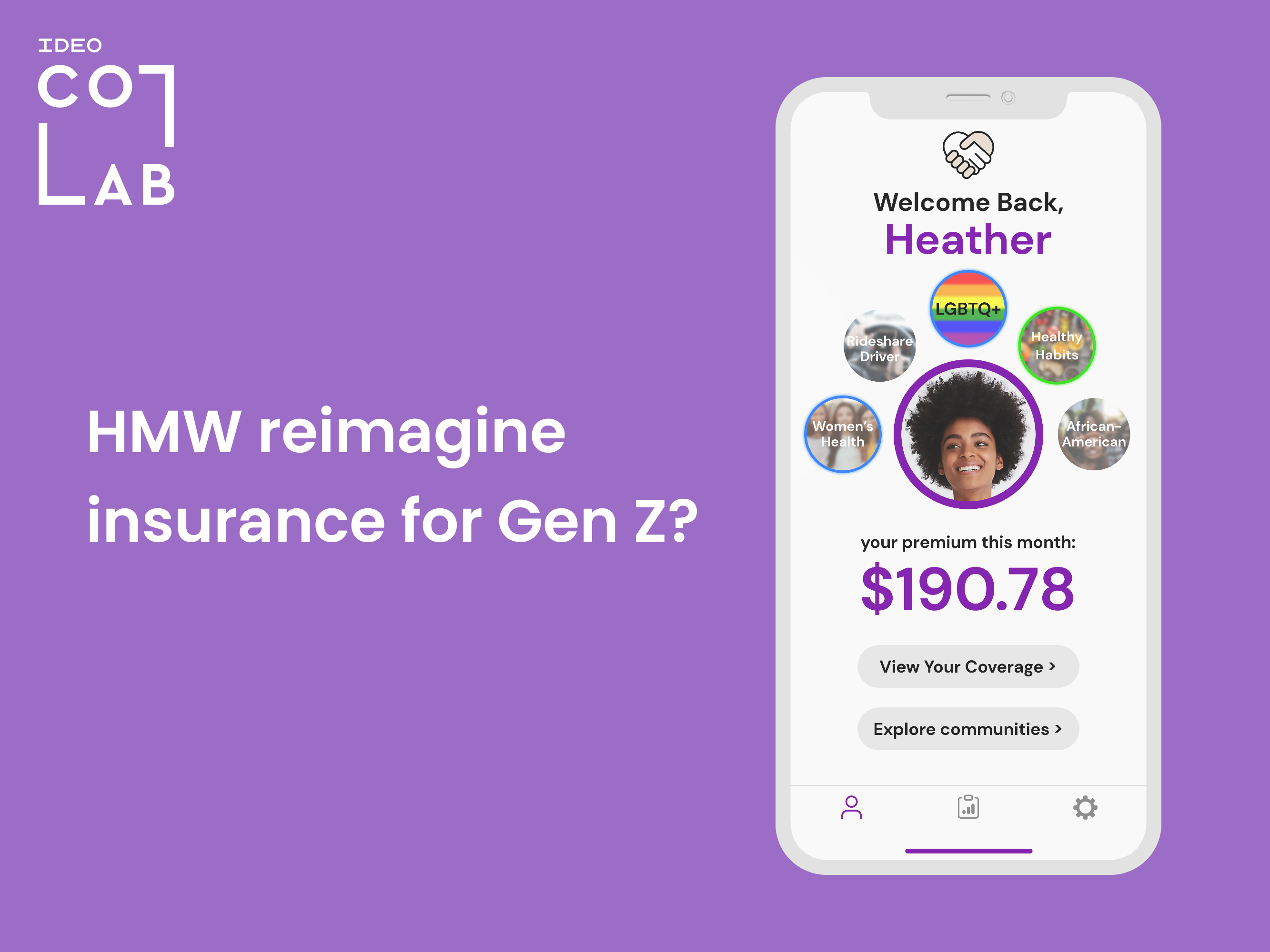 Stronger Together app user interface with text: 'HMW reimagine insurance for Gen Z?'